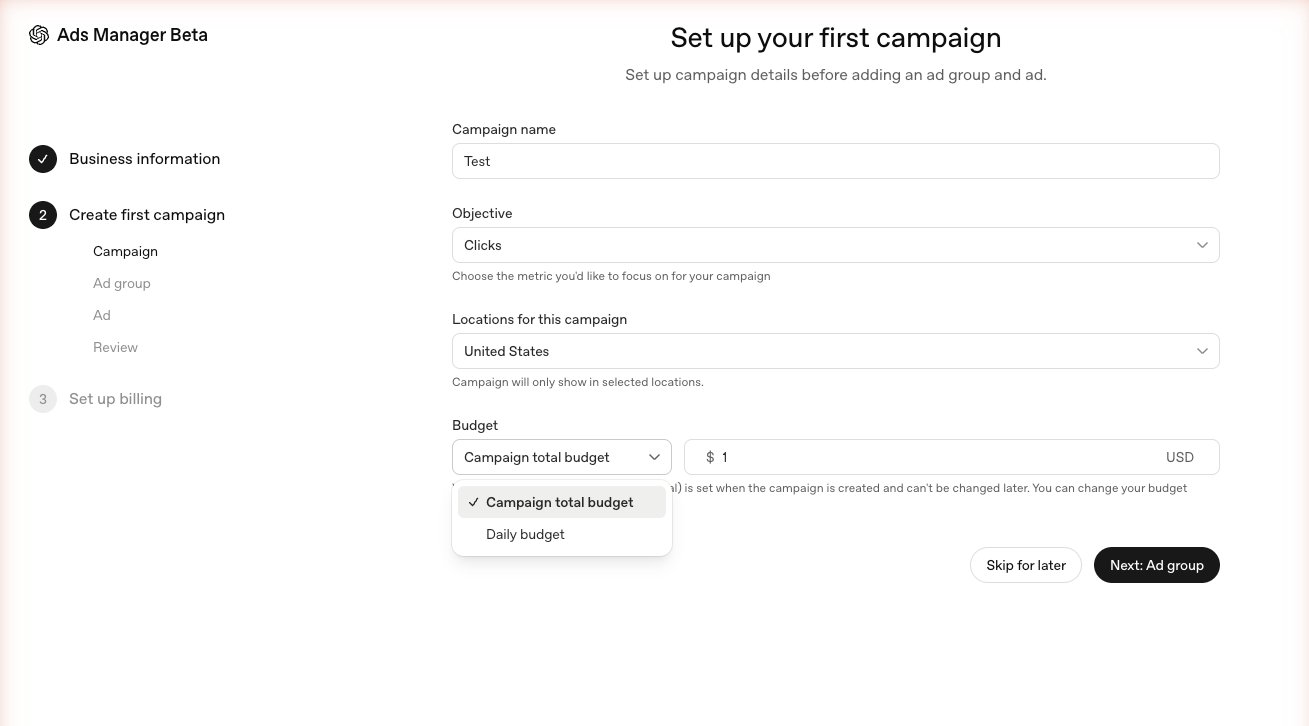 Setting a $1 campaign total budget in ChatGPT Ads Manager