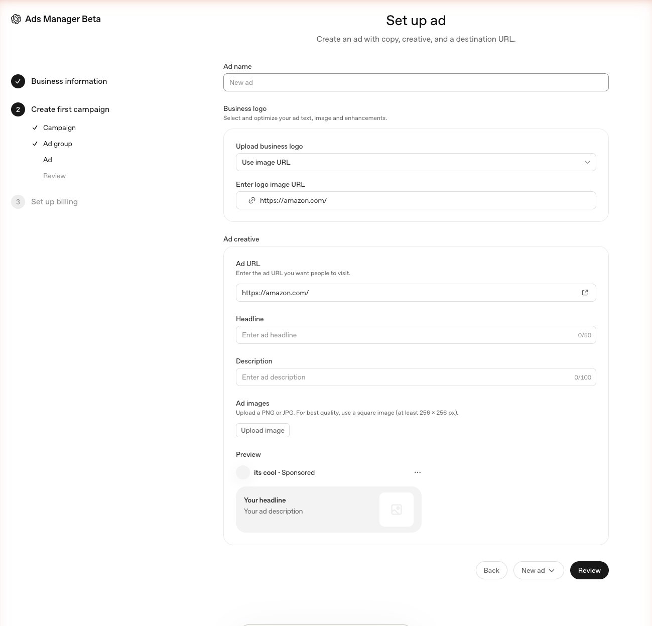 The ChatGPT ad creative builder with headline, description, and image fields