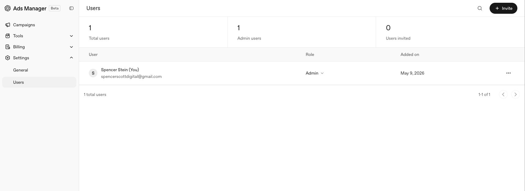 The ChatGPT Ads Manager (Beta) interface