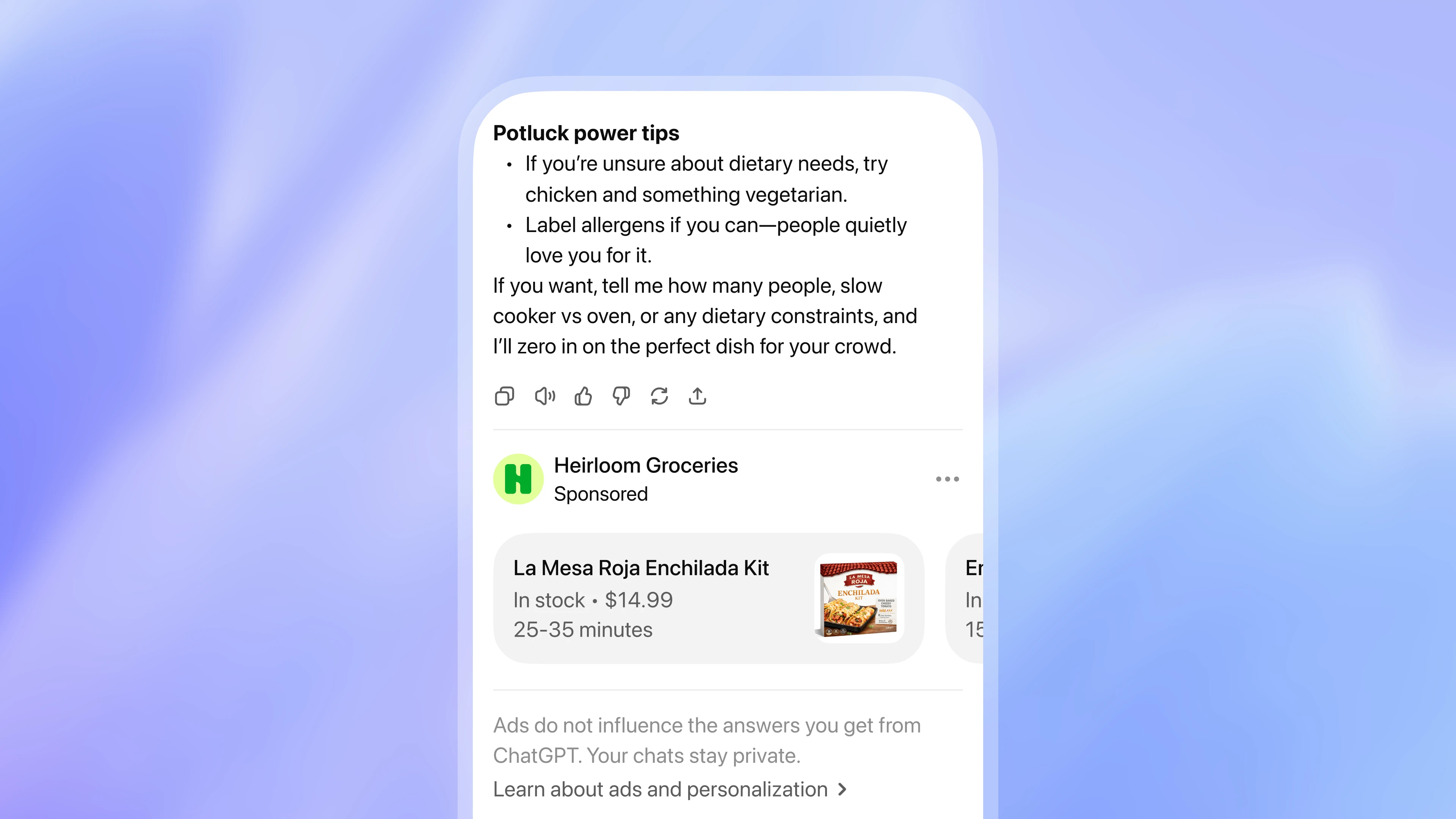 A &ldquo;Sponsored&rdquo; grocery result shown below a ChatGPT answer, with a note that ads don&rsquo;t influence the response