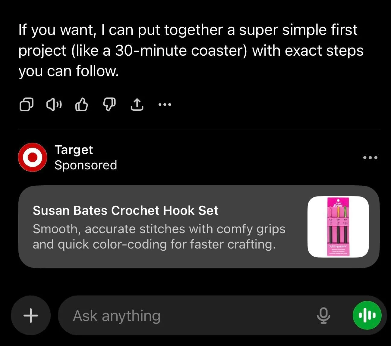 A &ldquo;Sponsored&rdquo; Target product result shown below a ChatGPT answer in the mobile app